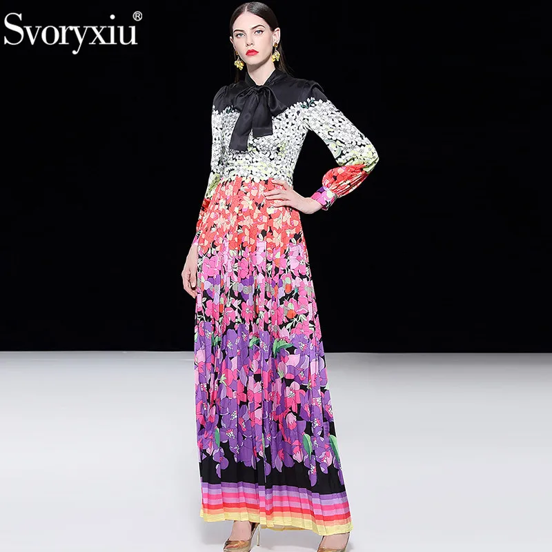 Svoryxiu Elegant Runway Custom Big Size Maxi Jurk vrouwen Boog Kraag Kleur Bijpassende Bloemenprint Winter Maxi Lange Jurk 2018