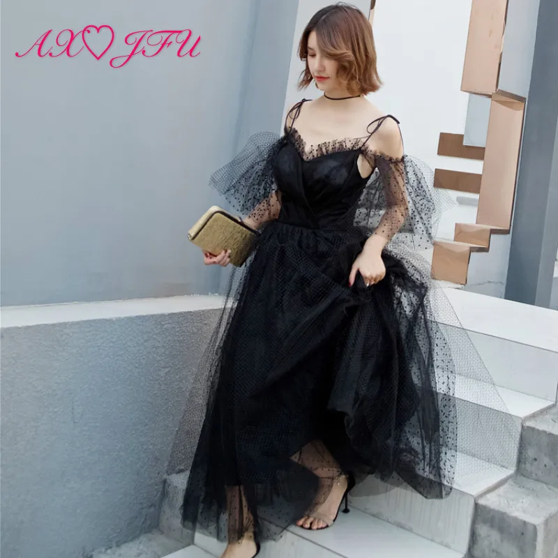 AXJFU роскошный черный кружево вечернее платье Турция принцессы длинные пляжные Винтаж Вечернее платье 100% реальные фотографии