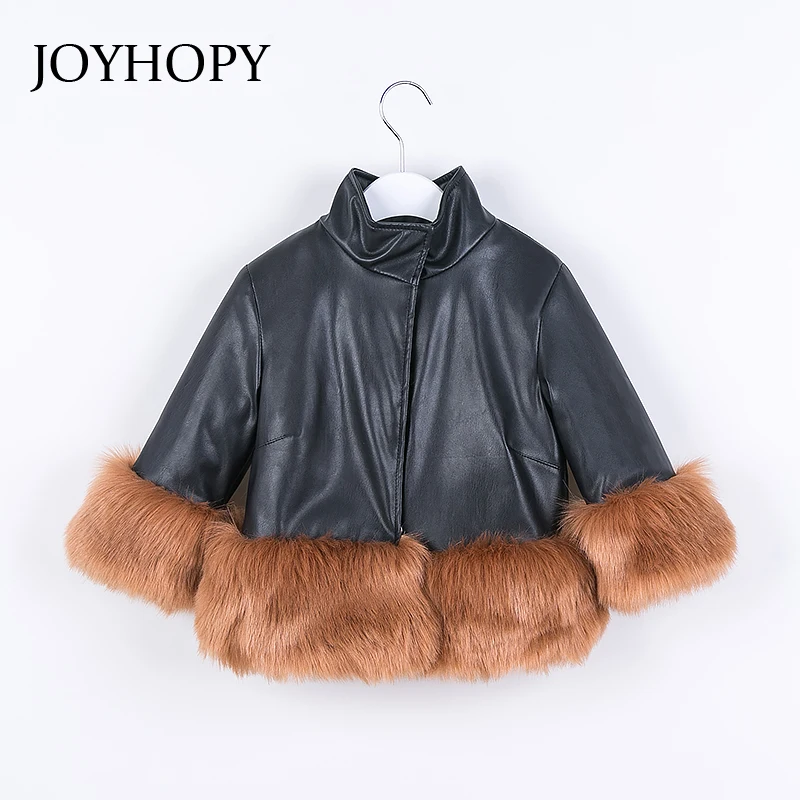 

New Fashion girls winter coat Faux Fur cuff Thick Warm Cotton Children Clothing Kids Clothes Parkas Quality Leather girls jacket