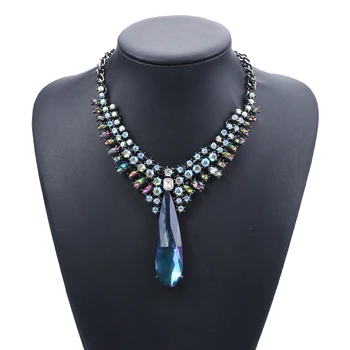 

Fashion Luxury Crystal Water Drop Pendant Necklace Women Bohemian Statement Vintage Necklace Jewelry Indian Maxi Long Necklace