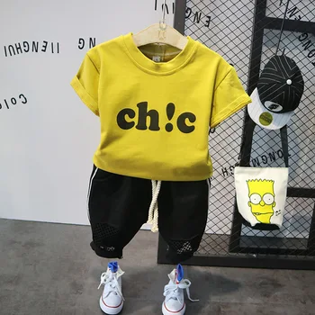 

2pcs Kids boys casual summer clothing set baby letter printed blue pink yellow t shirt and black pant set children 2-7 years old