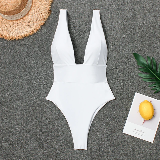 {Excellent|Wonderfull|Very Good|Very Recommended} Sexy V-neck One-piece Swimsuit Women high waist Thong women's swimwear 2019 Monokini Simple black white Beach Bathing Suit Limited Offers