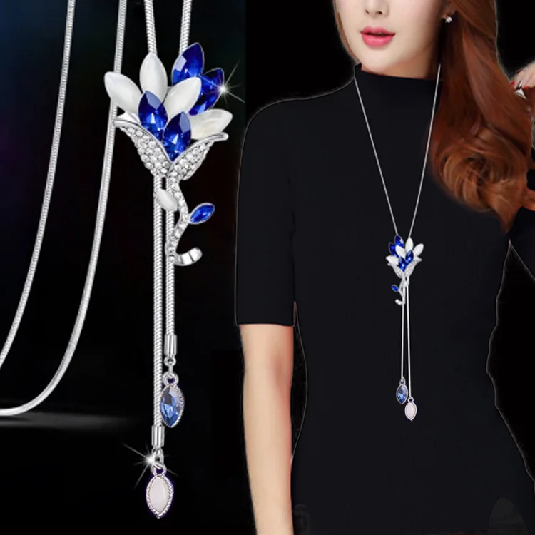 

BYSPT Zircon Long Necklace Sweater Chain Fashion Fine Metal Chain Crystal Rhinestone Flower Pendant Necklaces Adjusted