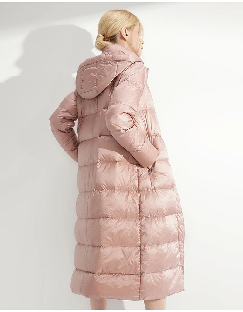 YNZZU, Элегантный женский пуховик,, зимний, однотонный, розовый, длинный, утиный пух, пальто, толстая, теплая, с капюшоном, куртка для женщин, manteau femme O756
