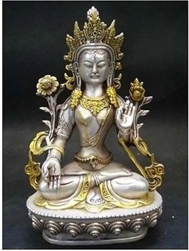 

Decorated Details Tibet Tibetan Buddhism Silver Bodhisattva Guan Yin Buddha Statue Decoration real Silver Brass