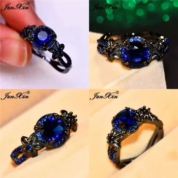 JUNXIN Boho Female Flower Star Rings For Women Black Gold Filled Royal Blue Red Pink Purple Zircon Stone Wedding Ring Jewelry