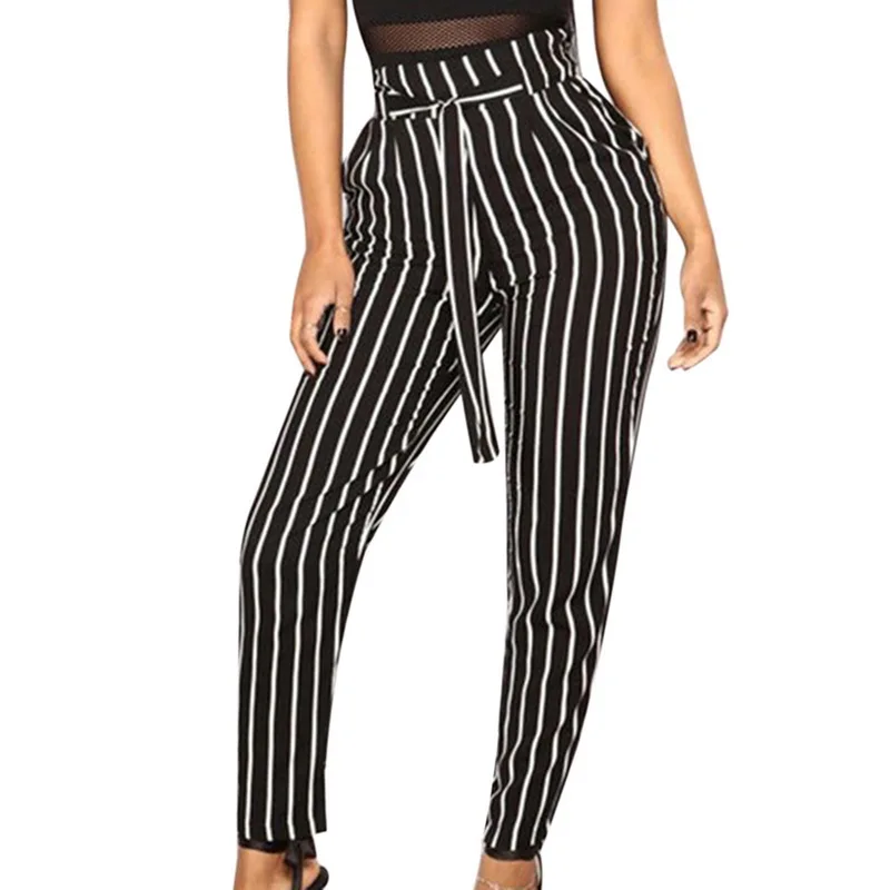 

NIBESSER Skinny Pants Women Casual Striped High Waist Streetwear Pencil Pants Fashion Lace Up Stretch Trousers Female Sweatpants