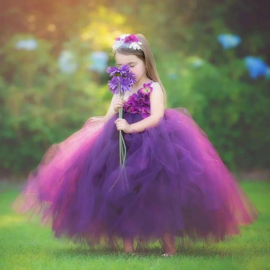 Girls Plum Flowers Wedding Tutu Dress with headband Children Summer Handmade Tulle Costume (10)