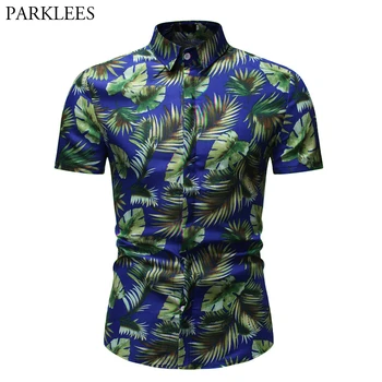 

Royal Blue Beach Hawaiian Shirt Male 2019 Summer Fashion Leaves Print Tropical Aloha Shirts Mens Party Holiday Chemise Homme 3XL