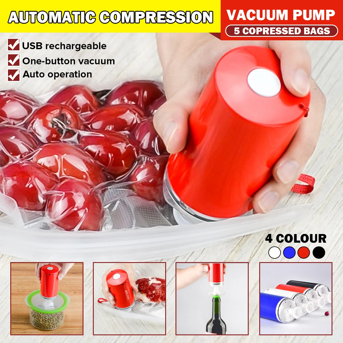 

4 Colors 1000mAh Mini Rechargable Auto Compression Vacuum Pump Household Sealer Clamp Snack Fresh Food Rod Strip Kitchen Tool
