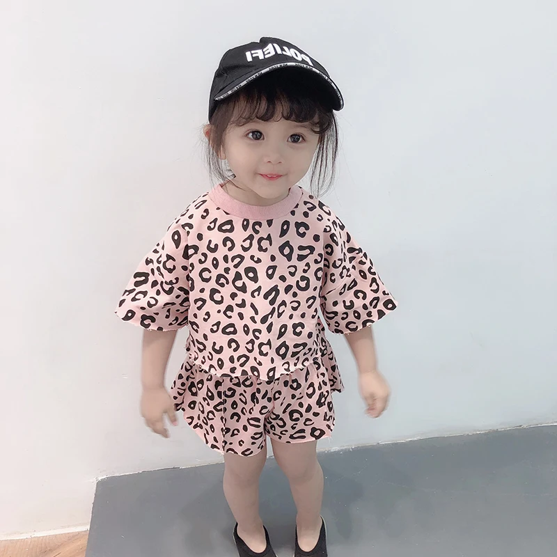 kid girls leopard print outfit toddler little girl clothes summer children clothing set short sleeve o-neck tops+shorts fashion