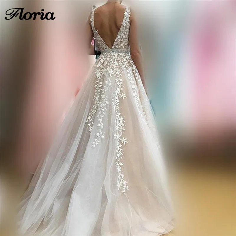 V-Neck-Wedding-Dresses-Light-Champagne-Floor-Length-Applique-Open-Back-Sleeveless-A-Line-Backless-Bridal (2)