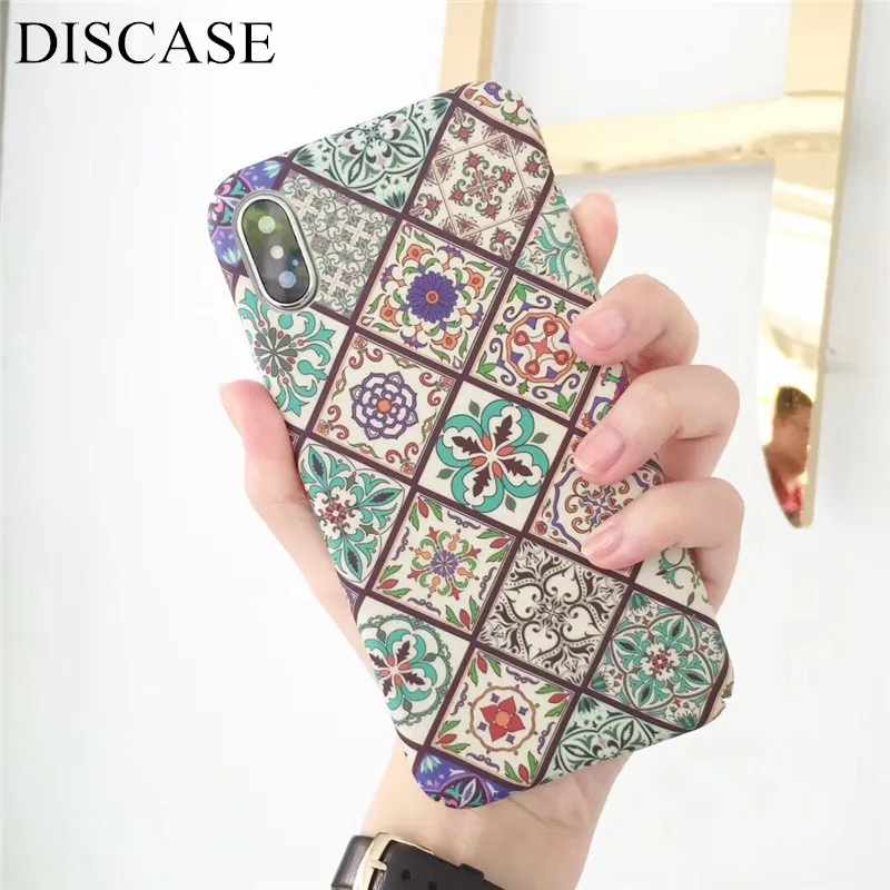 

DISCASE Simple Retro PC Hard Shell Phone Case For iphone X 8 7 6 6s plus Fashion Blue White Porcelain Rhombus Geometric Cover