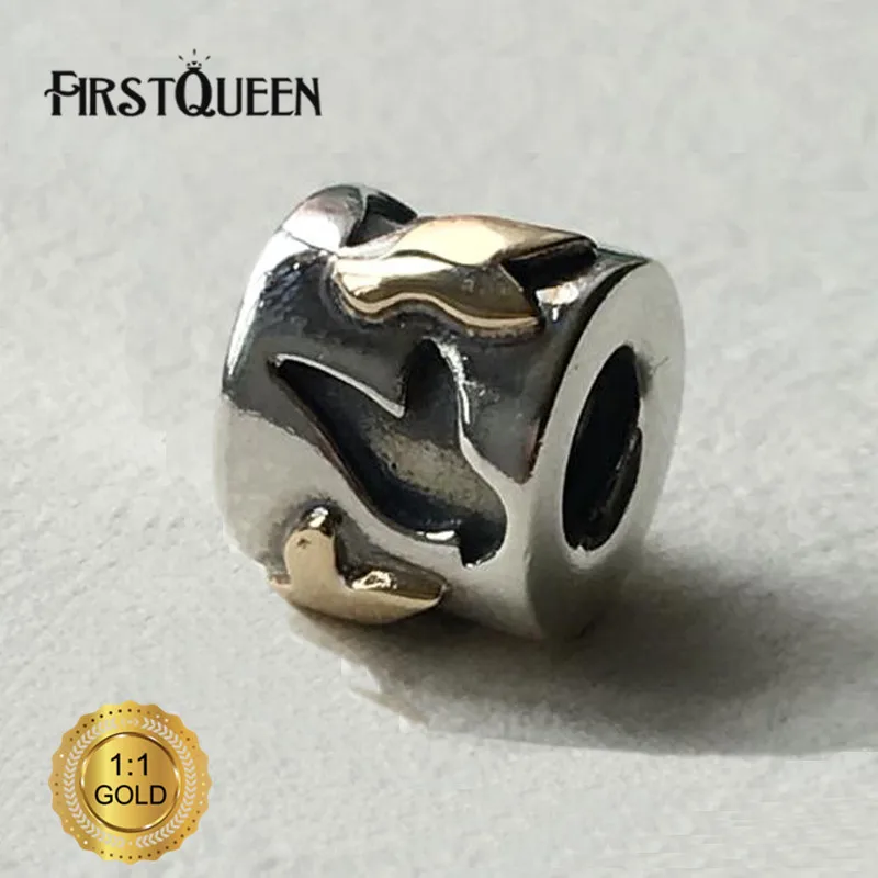

FirstQueen 925 Sterling Silver&14k Real Gold Doves Charm Fit Original Bracelets DIY Charms For Jewelry Making Fine Jewelry
