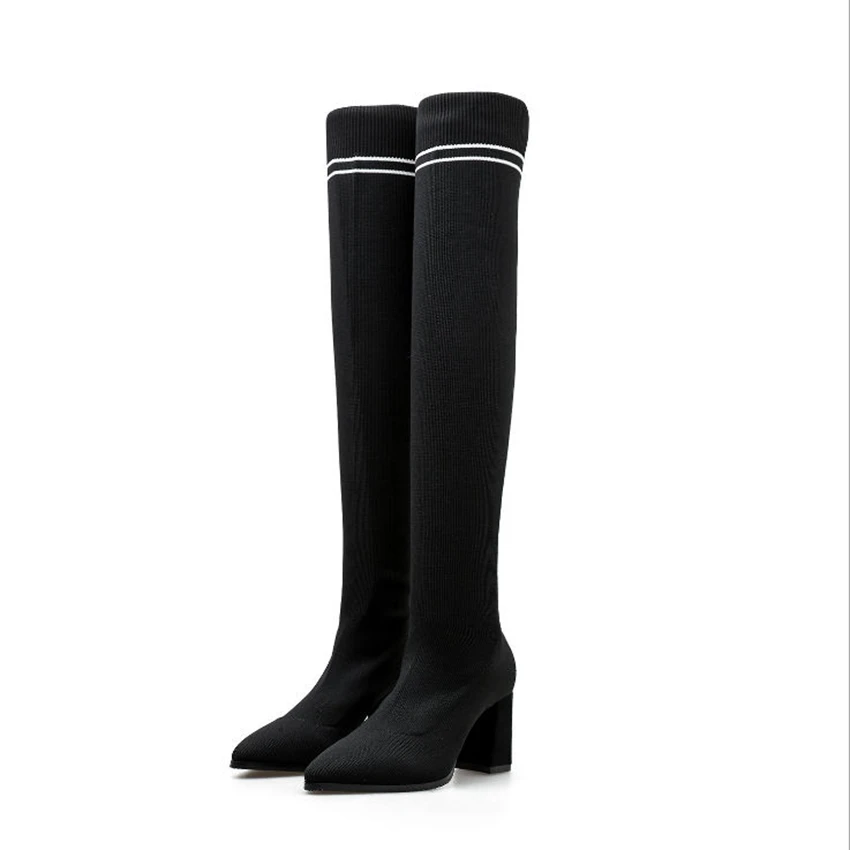 Women Stretch Fabric Over the knee Boots Black Thigh High Long Boots ...