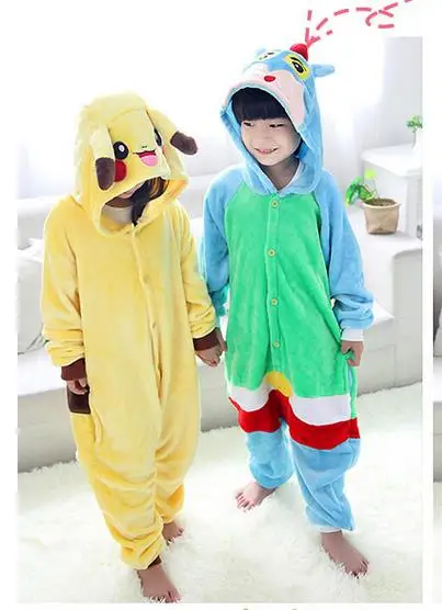 Anime Poke mon pika chu jumpsuit Cosplay Onesie Children Kids Flannel Animal Pajamas Anime Cartoon Costumes Sleepwear Free ship