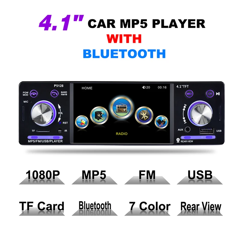 

4.1" Car Stereo P5128 Car Radio Autoradio 12V Bluetooth 1 Din FM Aux Input Receiver In-dash SD USB MP3 WMA APP Car Radio Player