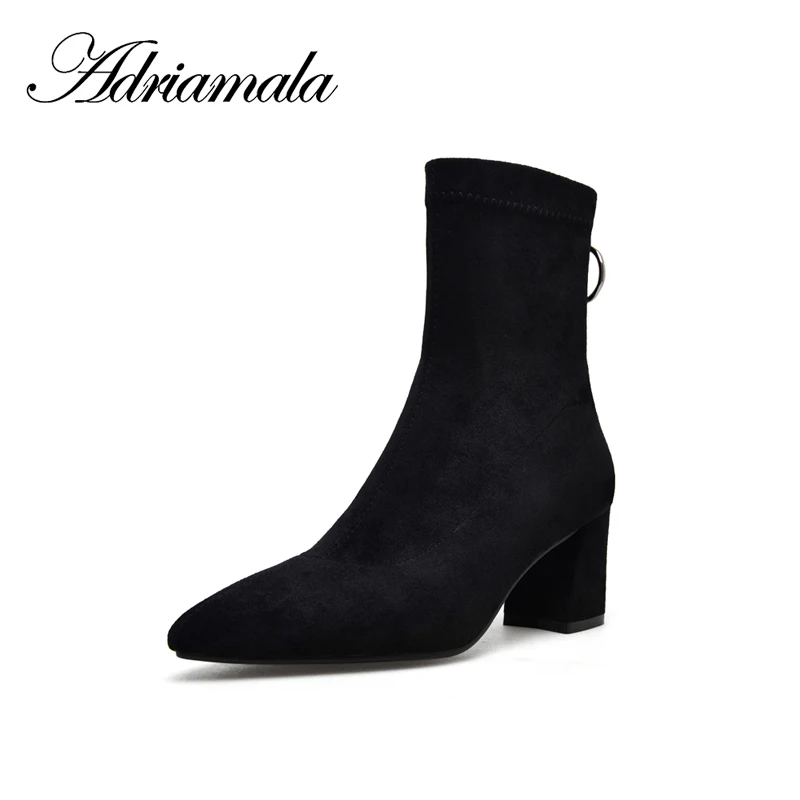 

2018 Stretch Fabric Ladies High Heel Boots Pointed Toe Round Heels Zipper Motorcycle Mid Calf Boots Women Fashion Adriamala