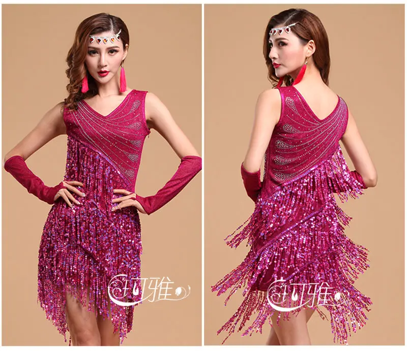 Новое платье с бахромой для латинских танцев, женское платье для латинских танцев, Клубное платье для вечеринки, одежда для латинских танцев, костюмы для латинских танцев(юбка+ 2 перчатки - Цвет: Rose Red
