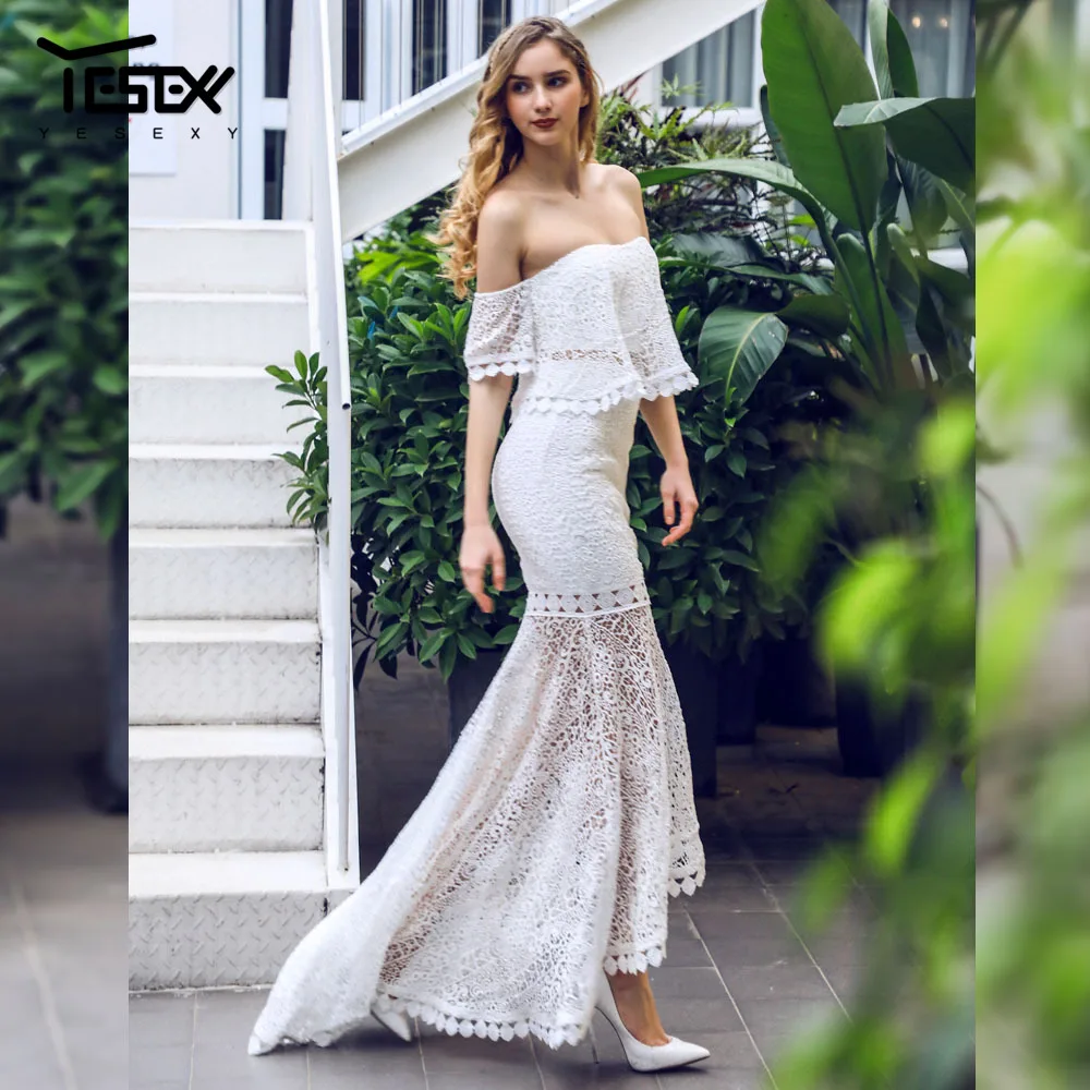 

Yesexy 2019 Summer Sexy Strapless Women Dress Backless Elegant Lace Dress Floor Length Solid Color White Dress 2 pcs set VR1014