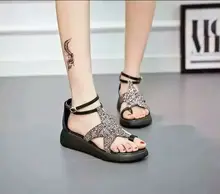 Fashion Women Platform Sandals Purple & Silver Rhinestone Cross Stars Women Summer Mid Heel Platform Sandals Shoes