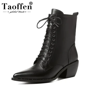 

Taoffen Genuine Leather Ankle Boots Women Lace Up Pointed Toe Thick Heels Shoes Woman Autumn Winter Women Footwear Size 34-39