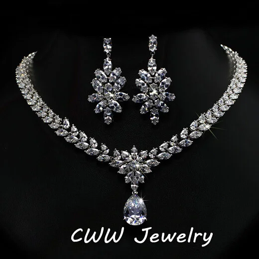 Cwwzircons Luxury Cubic Zirconia Bridal Jewelry Accessories Crystal Cwwzircons Luxury Cubic Zirconia Bridal Jewelry Accessories Crystal Long Wedding Earrings And Necklace Sets For