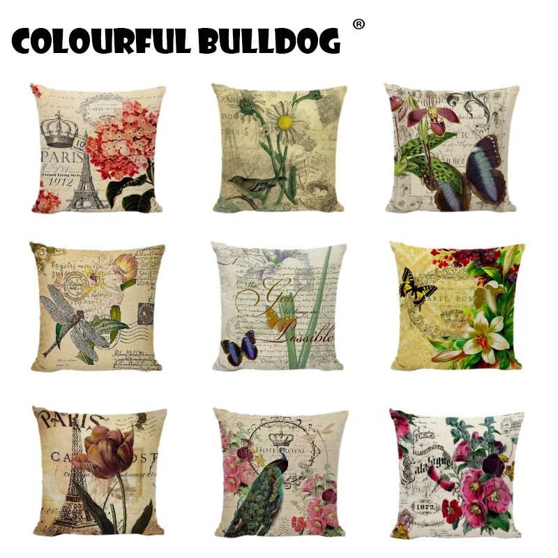 Best 45x45cm Cotton Linen Peacock Tiara Cushion Cover Retro Vintage Paris Tower Home Decor Pillow Covers Sofa Gifts Throw Pillowcases