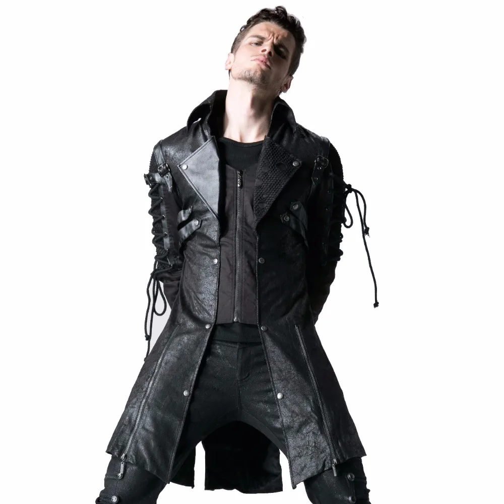 Estilo gótico Retro Longos Casacos De Couro Do Falso para Homens Outono Inverno Uniforme Militar Steampunk Do Punk Jaqueta Moda Casacos Casual