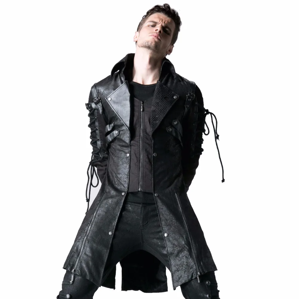 고딕 양식의 레트로 스타일 가짜 가죽 긴 코트 남성용 Steampunk 군복 가을 겨울 펑크 재킷 패션 캐주얼 오버 코트