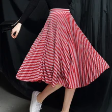 Женская Полосатая юбка с высокой талией, модные повседневные длинные плиссированные юбки с люрексом, осенняя модная трапециевидная юбка миди Saias Faldas