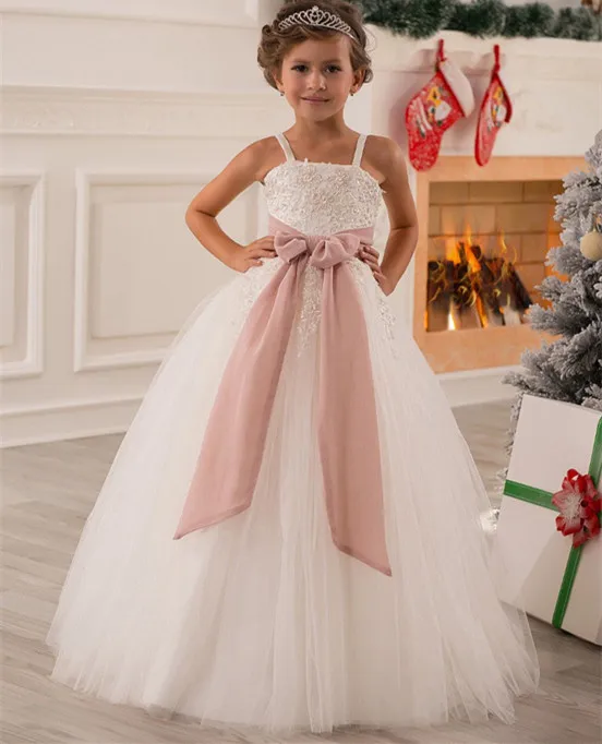

Ball Gown Ivory Tulle Spaghetti Straps Lace Beads Flower Girl Dress Kids Princess Wedding Pageant Gown Custom Size