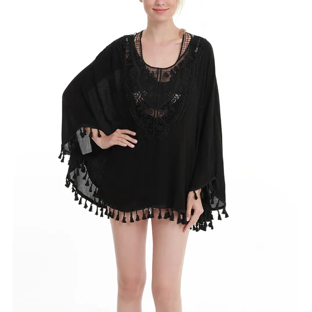 Price DSQUAENHD Sexy Floral Lace Tassels Cloak for Female Pullver Long Bat Sleeved Ponchos Casual Loose Plus Size Cape Fall Clothings