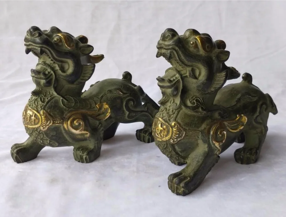 

8 INCH Antique collection chinese old bronze brave troops sculpture 1 pair home decoration Feng shui metal craft animals statue