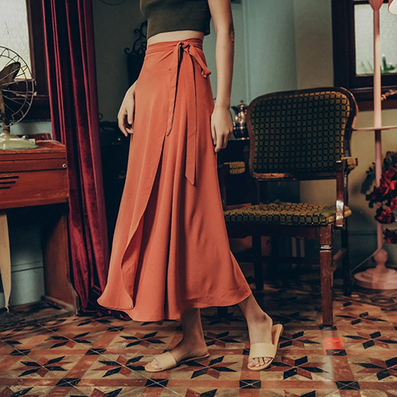 KHALEE YOSE, винтажные летние юбки с запахом, длинные юбки для женщин, высокая талия, с разрезом, с завязками, на шнуровке, с поясом, трапециевидная Повседневная пляжная юбка