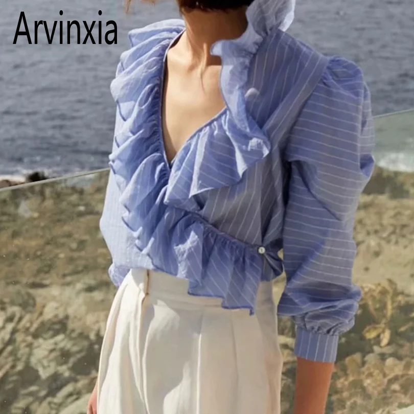 

Arvinxia Fashion Ruffles Deep V Neck Woman Blusa New Striped Women Blusa Casual Steetwear Long Sleeve Beach Style Chiffon Blouse