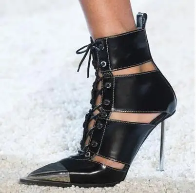 

Free Shipping Sexy Woman Plus Size Black Pointed Toe Patchwork Metal Cuts Out Lace Up Front 90 mm Thin Heels Ankle Short Boots