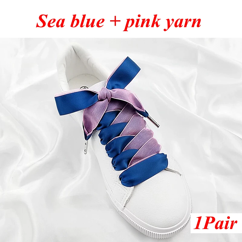 1 пара, новинка, двусторонняя зимняя пряжа, атласная шелковая лента, шнурки, кружево, 2 см, ширина, Белая обувь, кружевные модные кроссовки, шнурки - Цвет: Sea blue pink