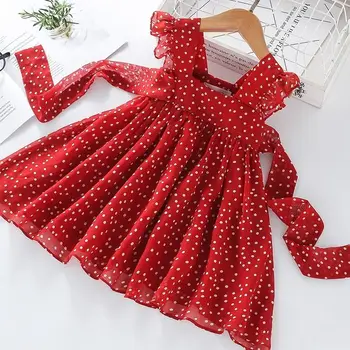 

2019 Bebe Girl Summer Dress Red Bow Belt Flying Sleeves Princess Dresses For kids girls Child Party Birthday Clothes costume