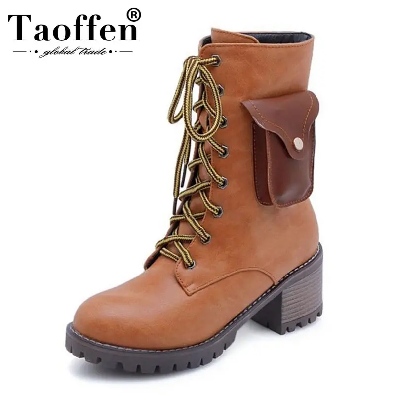 

TAOFFEN New Short Boots Women Shoes Thick Fur Cross Strap Thick Heels Mid Calf Boots Fashion Warm Motorcycle Boots Size 32-43