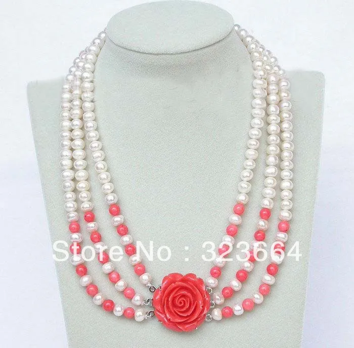 

17"-20" 8mm 3row round white freshwater pearls pink coral necklace