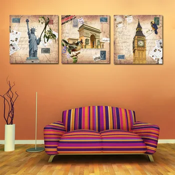 

AtFipan European Style Retro World New York London Paris Canvas Paintngs Home Decor 3 Pieces Wall Art Pictures
