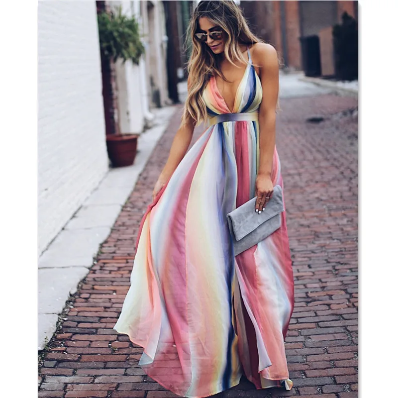 

Summer Rainbow Color Beach Halter Backless Maxi Dress For Women Boho Sleeveless Chiffon Evening Party Dresses S-XL