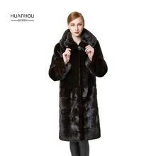 HUANHOU QUEEN with fur hood slim thick warm real mink fur coat for women’s ,covered button full sleeves with full pelt .