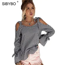Sibybo Fashion Loose Lace Up Hollow Out Plaid Blouse Shirt Bow Tie Sleeve O Neck Blusas Summer Streetwear Women Blouses