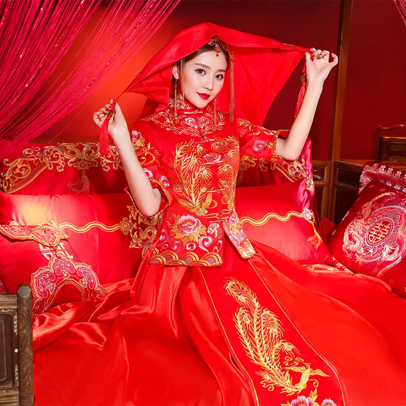 Винтаж невесты Свадебная вечеринка летнее платье тонкий полной длины элегантный Cheongsam красный Qipao Половина рукава леди брак Hanfu костюмы
