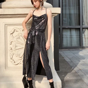 

Sexy Women V-neck Spaghetti Strap Solid A-line Dress Empire Front Split Sexy Sequins Shiny Night Party Mid-calf Dress