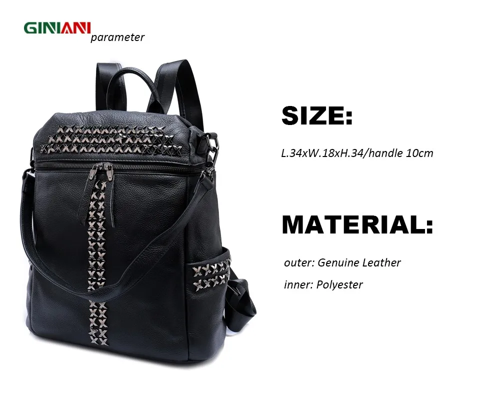 Bolsas de Ombro Giniani Couro Genuíno Superior Sólido Preto xx Rebite Mochila Unisex Legal Estilo Rock Frente Zíper 2 High Quality Bolsas e Malas