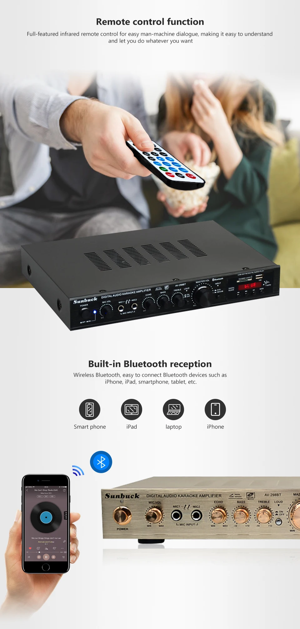 5 каналов Amplificador Bluetooth AV усилитель стерео караоке сцены Hifi мощность домашний кинотеатр аудио усилители двойной микрофон FM SD USB