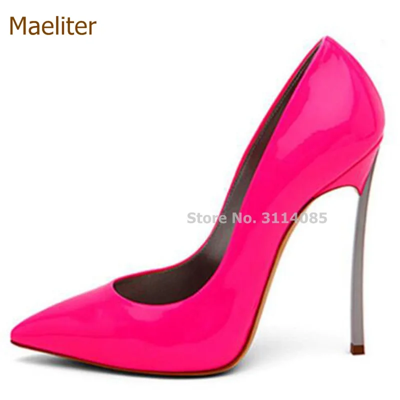 Women Sexy Brand Fuchsia Patent Leather Dress Pumps Metal Thin High